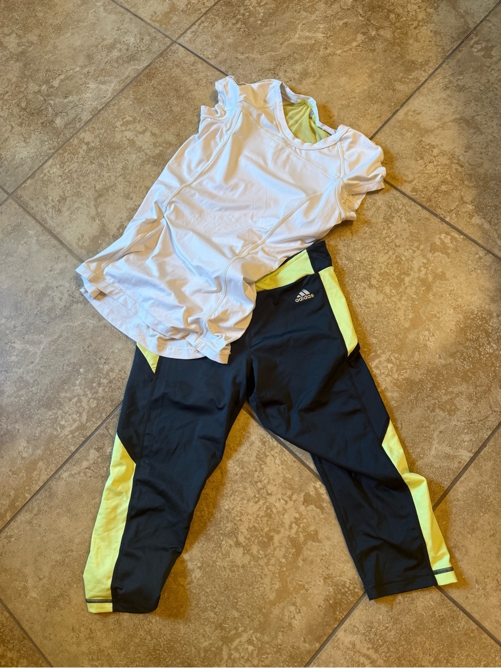 adidas White Tank with Black and Yellow Athletic Capris